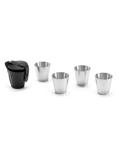 Ensemble de 4 verres en acier inoxydable avec étui de transport en simili cuir. Capacité jusqu'à 25 mL. Livré sous coffret cadea
