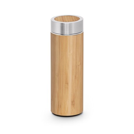 Bouteille thermos en bambou et acier inoxydable, avec corps à double isolation sous vide et infuseur de thé. Cette bouteille a u