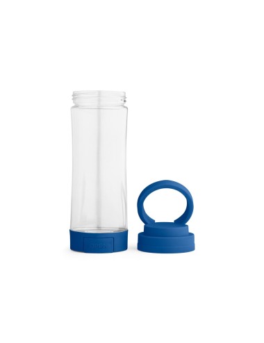 Bouteille de sport en verre avec bouchon à vis en PP. Contient un support pour smartphone et une poignée pour un transport facil