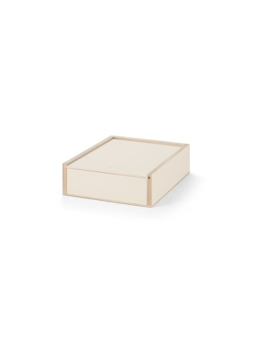 Boîte en contreplaqué avec couvercle coulissant, dans la même matière. 180 x 220 x 60 mm