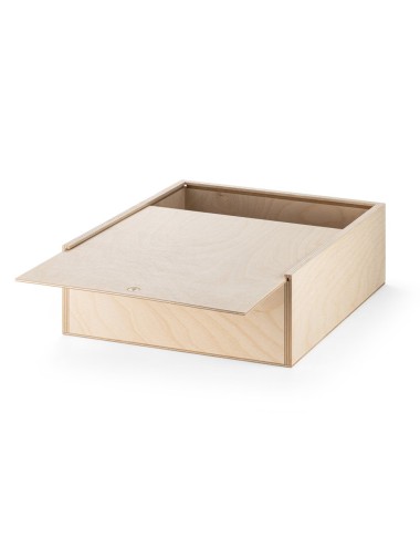 Boîte en contreplaqué avec couvercle coulissant, dans la même matière. 330 x 290 x 105 mm