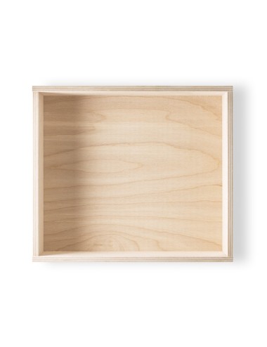 Boîte en contreplaqué avec couvercle coulissant, dans la même matière. 330 x 290 x 105 mm