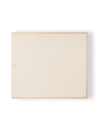 Boîte en contreplaqué avec couvercle coulissant, dans la même matière. 330 x 290 x 105 mm