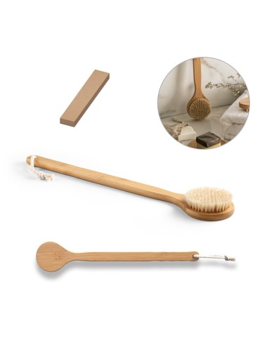 Brosse de douche en bambou avec poils de sanglier naturels. Brosse: 447 x 82 x 12 mm | Boîte: 455 x 89 x 30 mm