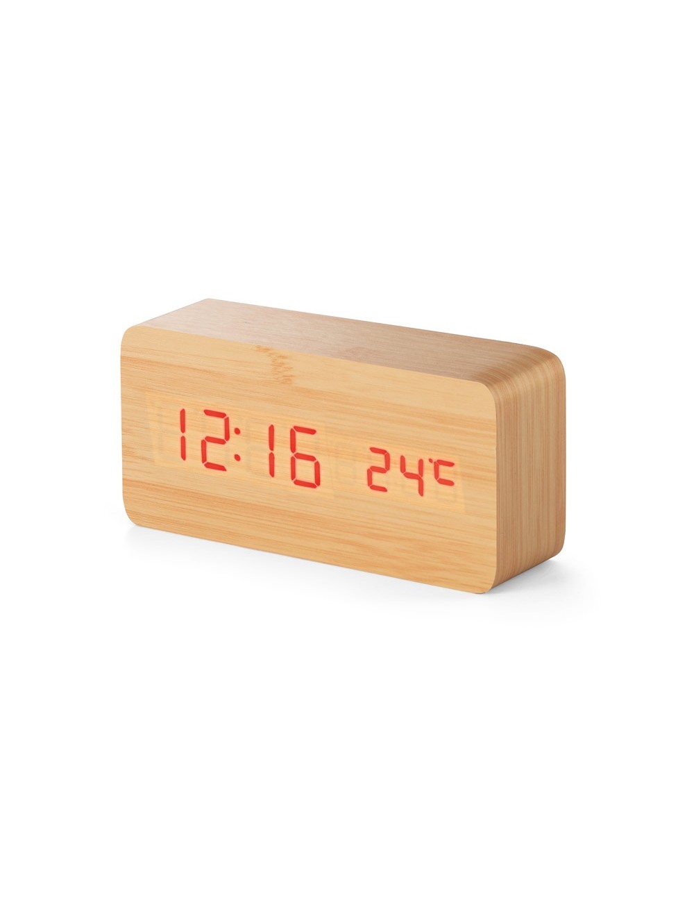 Horloge de table en MDF avec calendrier, alarme et thermomètre. Piles AAA, pile CR2032 et câble USB inclus. Livré sous coffret c