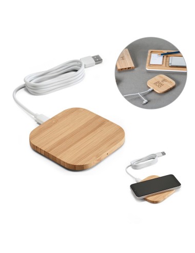 Chargeur sans fil en bambou. Entrée 5V/2A et puissance de sortie maximale 5W. Câble USB/micro USB de 1m inclus. Compatible avec 