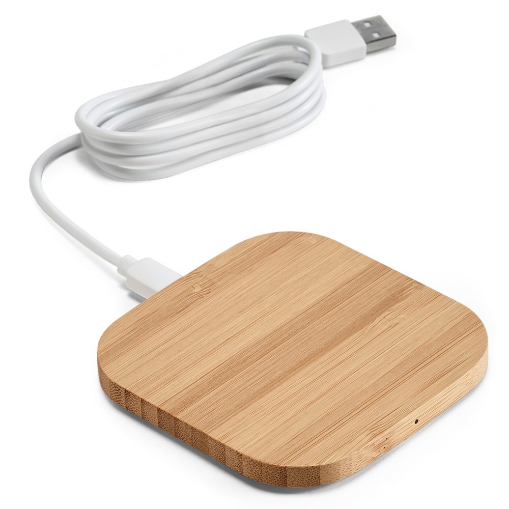 Chargeur sans fil en bambou. Entrée 5V/2A et puissance de sortie maximale 5W. Câble USB/micro USB de 1m inclus. Compatible avec 