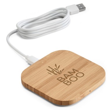 Chargeur sans fil en bambou. Entrée 5V/2A et puissance de sortie maximale 5W. Câble USB/micro USB de 1m inclus. Compatible avec 