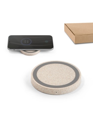 Chargeur sans fil en ABS et fibre de paille de blé. La puissance de chargement est de 5W, avec une entrée 5V/2A. La base contien