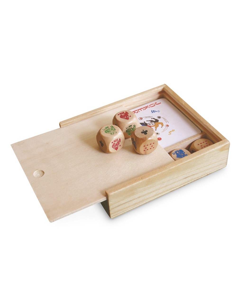 Ensemble de jeux 2 en 1 avec jeu de cartes et de dés. Livré dans un coffret en bois. 103 x 97 x 25 mm