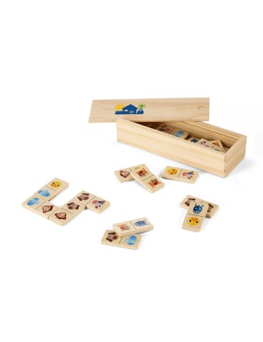 Jeu de dominos en bois pour enfants avec des dessins d'animaux. Livré dans une boîte en bois personnalisable. 147 x 50 x 30 mm