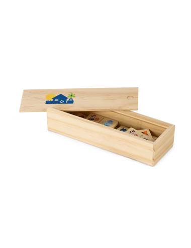Jeu de dominos en bois pour enfants avec des dessins d'animaux. Livré dans une boîte en bois personnalisable. 147 x 50 x 30 mm