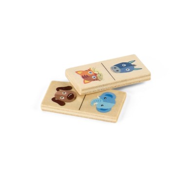 Jeu de dominos en bois pour enfants avec des dessins d'animaux. Livré dans une boîte en bois personnalisable. 147 x 50 x 30 mm