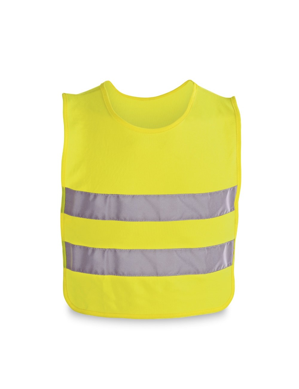 Gilet réflécteur pour enfant, 100% polyester avec certificat EN 17353. Contient 2 bandes réfléchissantes horizontales, fermeture