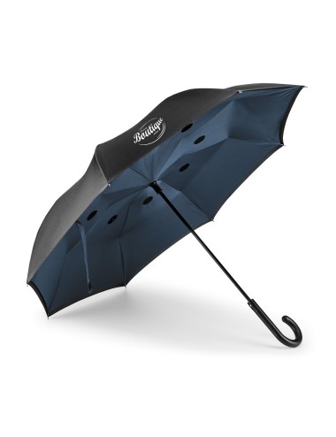 Parapluie inversé. Pongee 190T. Toile doublé. Manche en métal et baleines en fibre de verre. Structure breveté, avec ouverture m