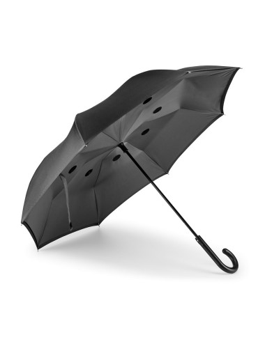 Parapluie inversé. Pongee 190T. Toile doublé. Manche en métal et baleines en fibre de verre. Structure breveté, avec ouverture m