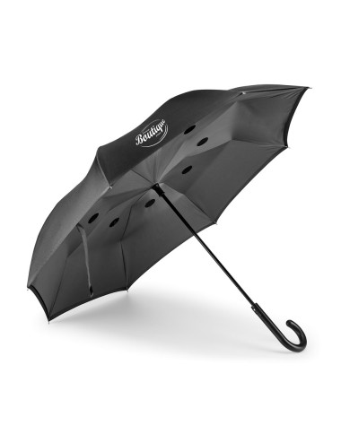 Parapluie inversé. Pongee 190T. Toile doublé. Manche en métal et baleines en fibre de verre. Structure breveté, avec ouverture m