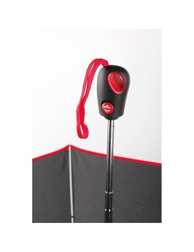 Parapluie pliable en pongé 190T avec ouverture et fermeture automatiques. Le parapluie a une poignée caoutchoutée et des détails