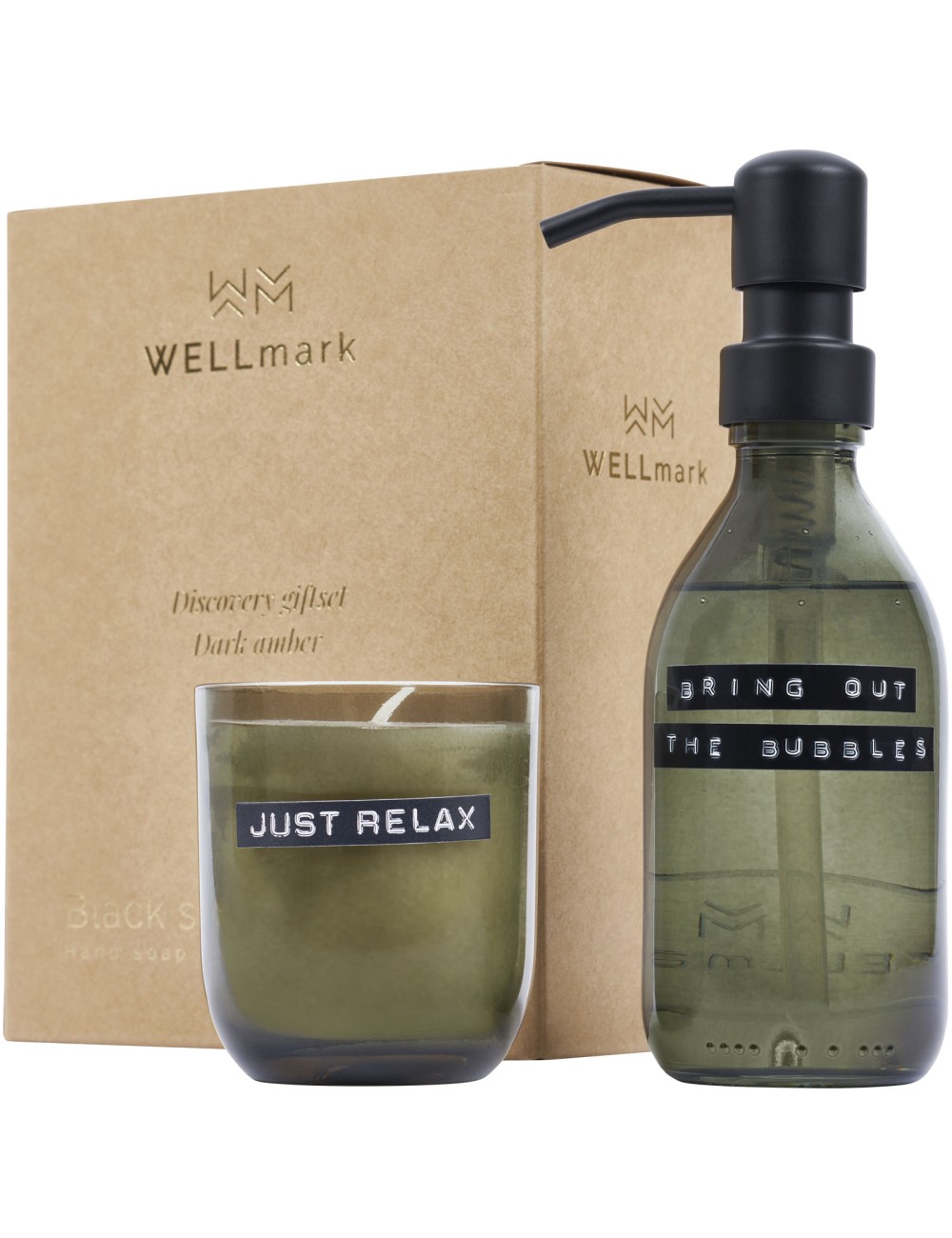 Distributeur de savon pour les mains de 200 ml et jeu de bougies parfumées de 150 g WELLmarkDiscovery - parfum ambré foncé