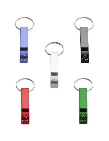 Ouvre-bouteille et canette Tao en aluminium recyclé certifié RCS avec porte-clés